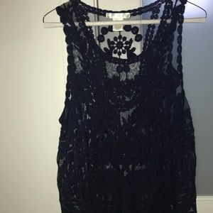 Sheer lacy navy flowy tank top
